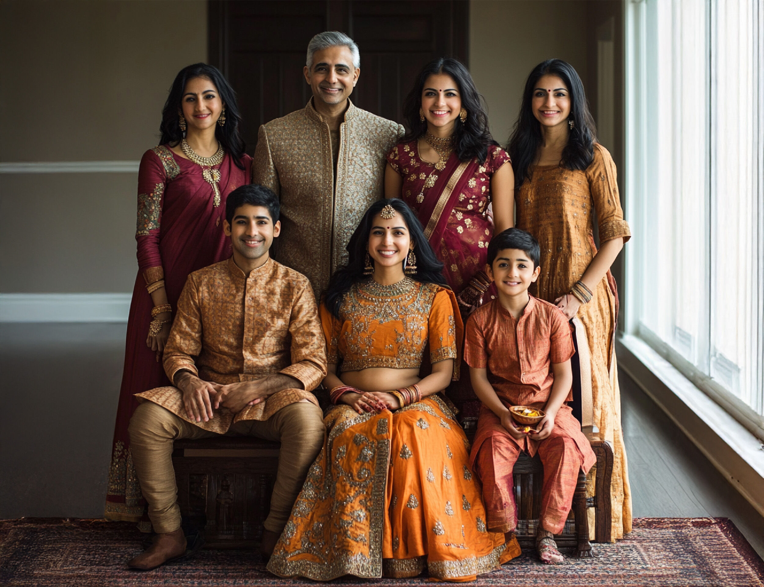 a beautifull family celibrating wedding wearing traditional attire